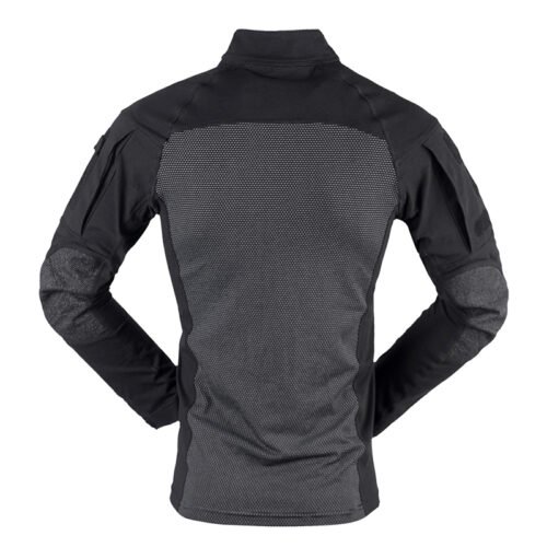 Black tactical long sleeve shirt with reinforced elbow pads and breathable mesh panels. Perfect for tactical training, outdoor missions, and combat sports.