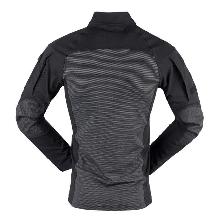 Black tactical long sleeve shirt with reinforced elbow pads and breathable mesh panels. Perfect for tactical training, outdoor missions, and combat sports.