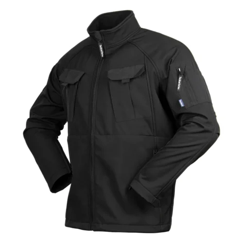 Black tactical jacket with multi-pocket design, windproof and water-repellent. Perfect for tactical use, airsoft, and everyday outdoor wear.
