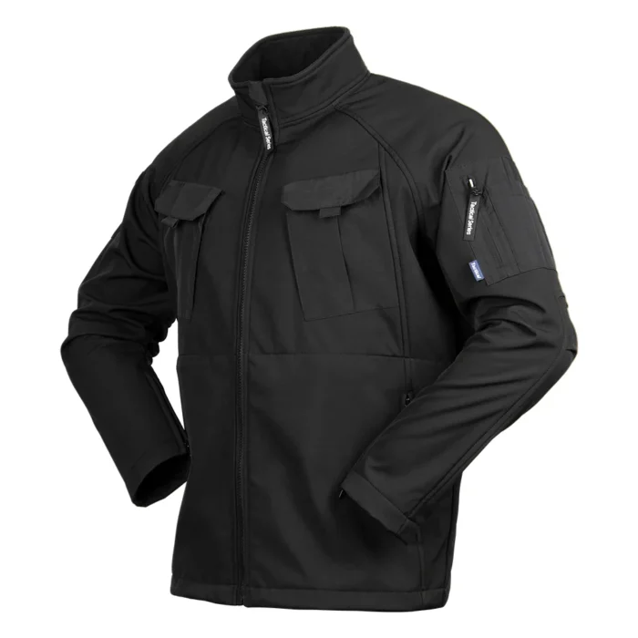 Black tactical jacket with multi-pocket design, windproof and water-repellent. Perfect for tactical use, airsoft, and everyday outdoor wear.