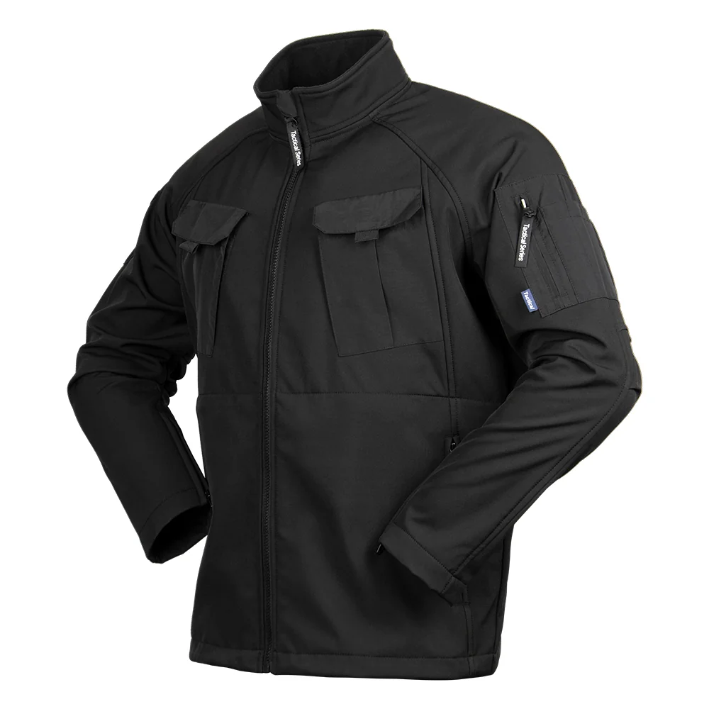 Black tactical jacket with multi-pocket design, windproof and water-repellent. Perfect for tactical use, airsoft, and everyday outdoor wear.