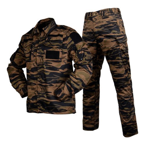 Military tactical uniform set with black tiger stripe camouflage, featuring durable fabric, multiple functional pockets, and breathable design for outdoor and field activities.