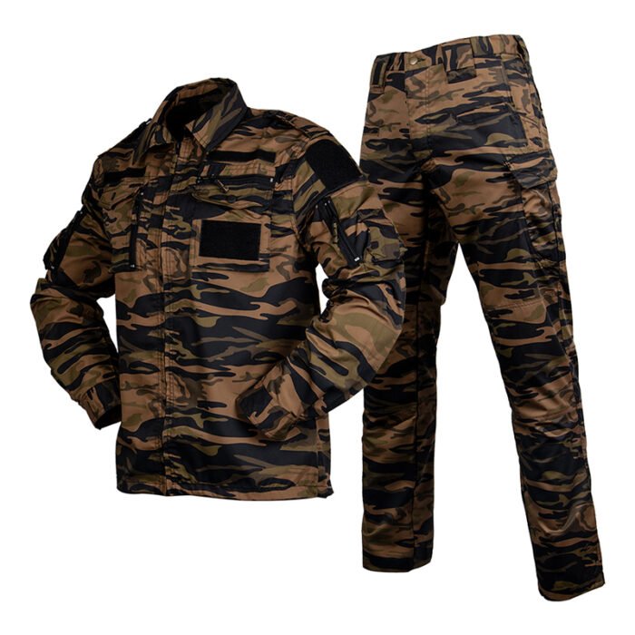 Military tactical uniform set with black tiger stripe camouflage, featuring durable fabric, multiple functional pockets, and breathable design for outdoor and field activities.