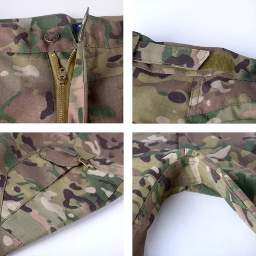 Dettagli ravvicinati dei pantaloni cargo mimetici che mostrano il rivestimento impermeabile in Teflon™, le cuciture rinforzate e il design funzionale delle tasche.