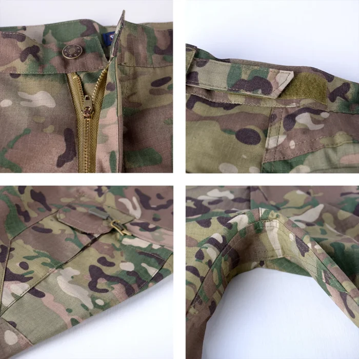 Dettagli ravvicinati dei pantaloni cargo mimetici che mostrano il rivestimento impermeabile in Teflon™, le cuciture rinforzate e il design funzionale delle tasche.