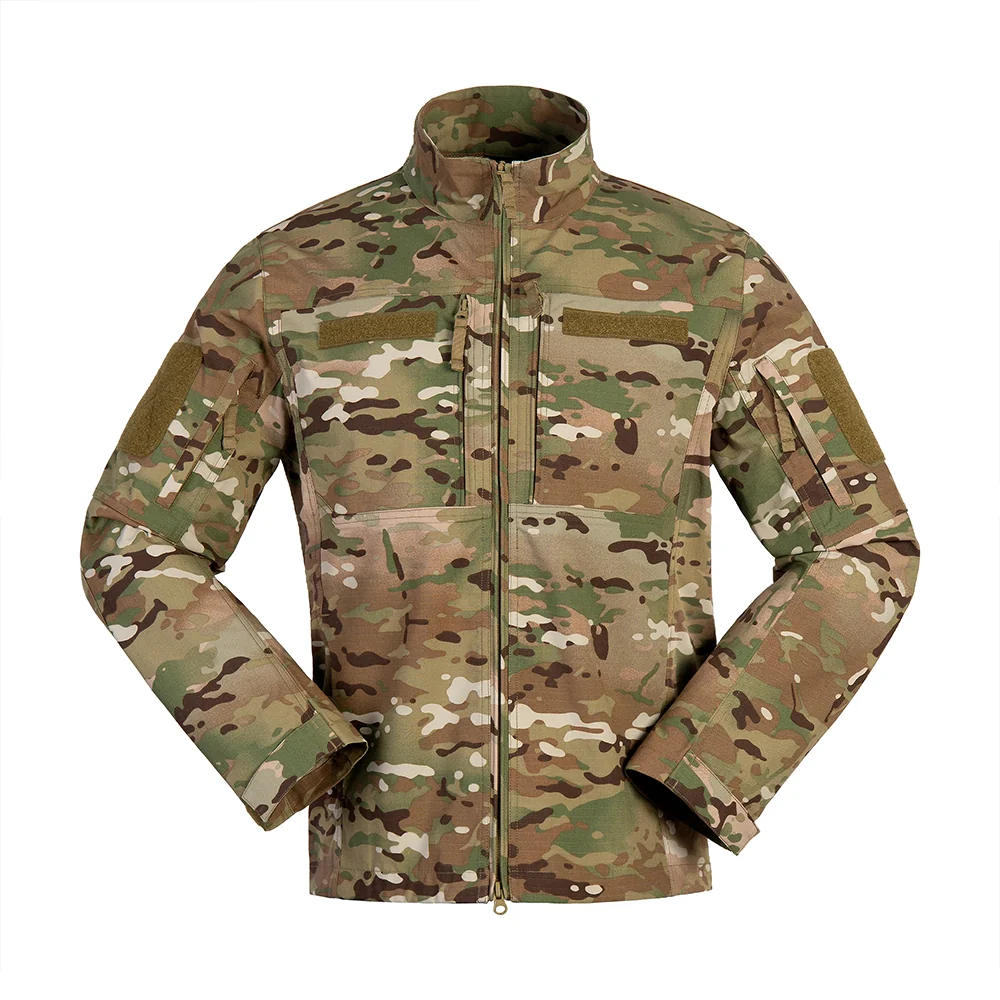 Durable camouflage waterproof jacket with full front zipper, multi-pocket design, and water-resistant coating. Ideal for tactical, hiking, or outdoor use.