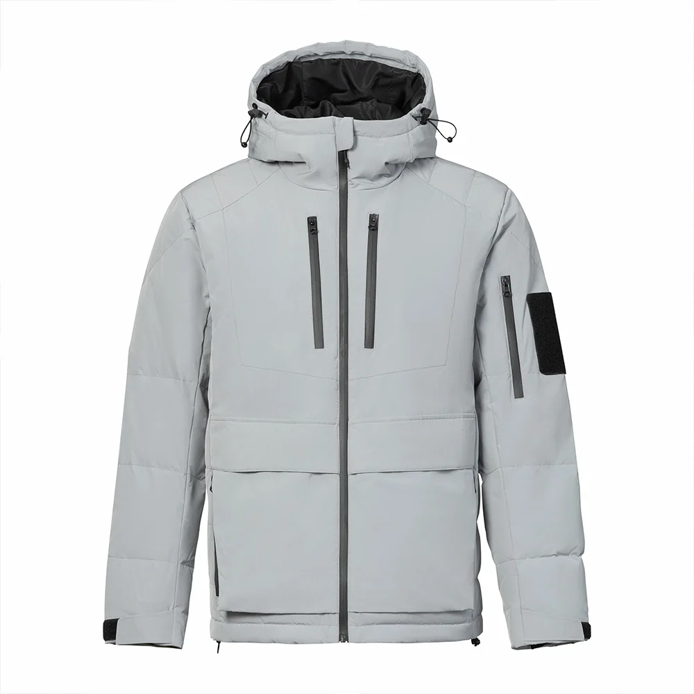 Front view of men’s grey down jacket with hood and multiple zipper pockets. Designed for warmth and outdoor performance.