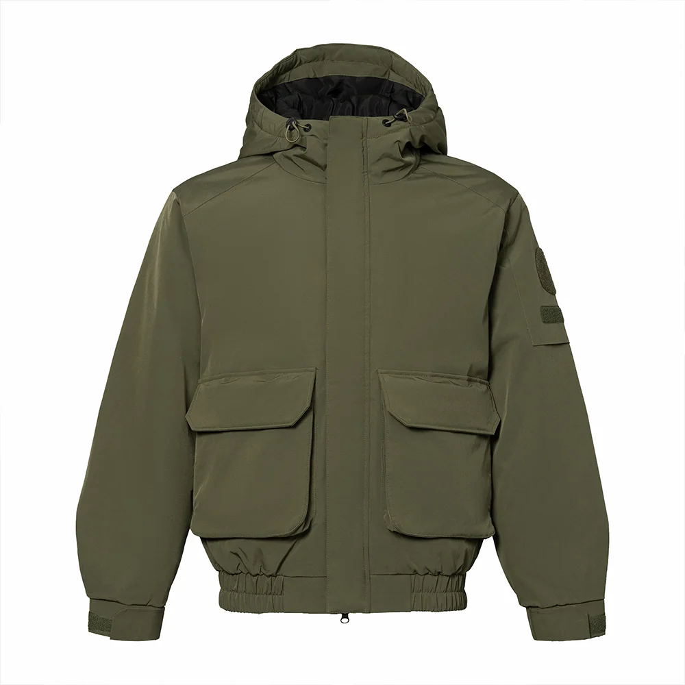 Men’s army green down jacket with hood, large flap pockets, and ribbed hem. Perfect for winter outdoor, tactical, or everyday wear.