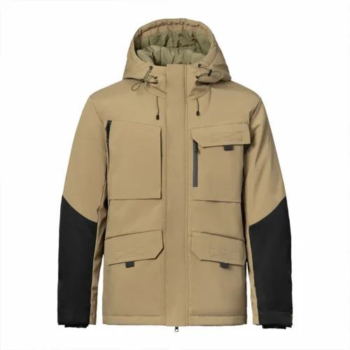 Front view of men’s waterproof down jacket in khaki with black contrast sleeves. Multiple pockets and hood for winter protection.
