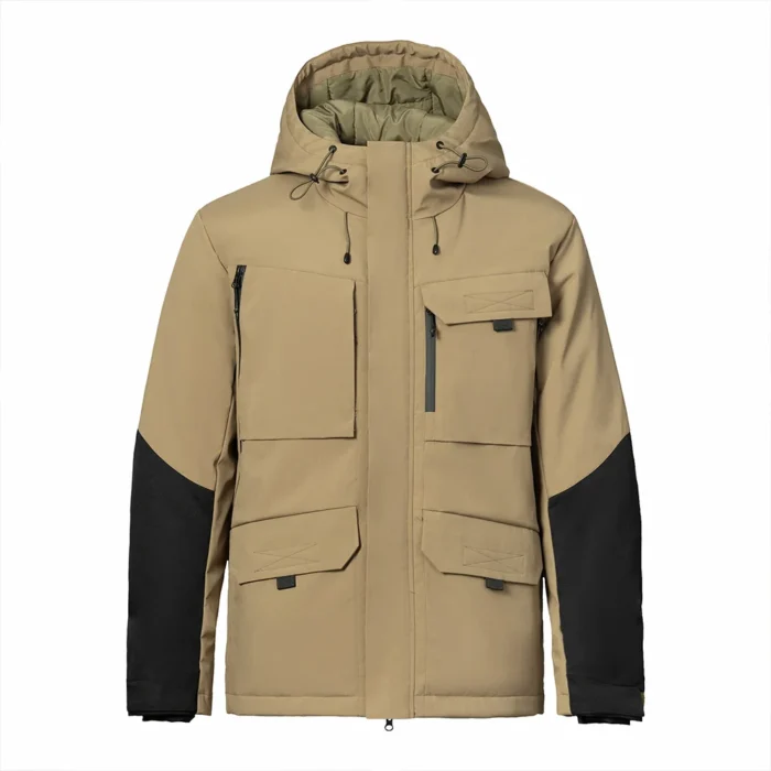 Waterproof Down Jacket – Men’s Khaki Black Hooded Puffer Front view of men’s waterproof down jacket in khaki with black contrast sleeves. Multiple pockets and hood for winter protection.