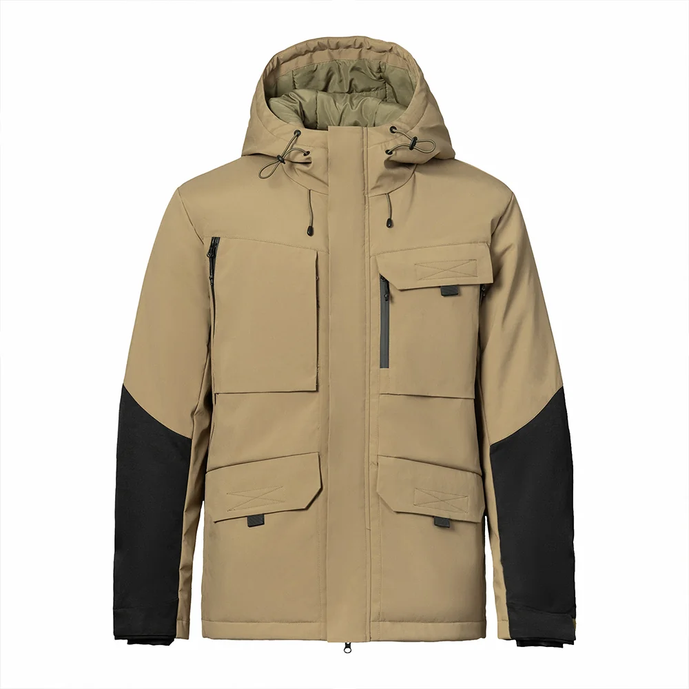 Front view of men’s waterproof down jacket in khaki with black contrast sleeves. Multiple pockets and hood for winter protection.