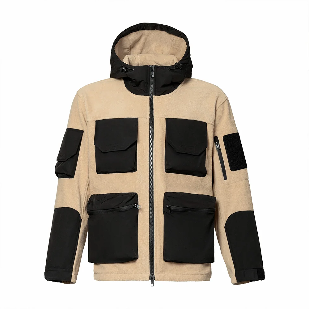 Front view of khaki polar fleece jacket with black tactical-style pockets and hood. Designed for warmth and outdoor activities.