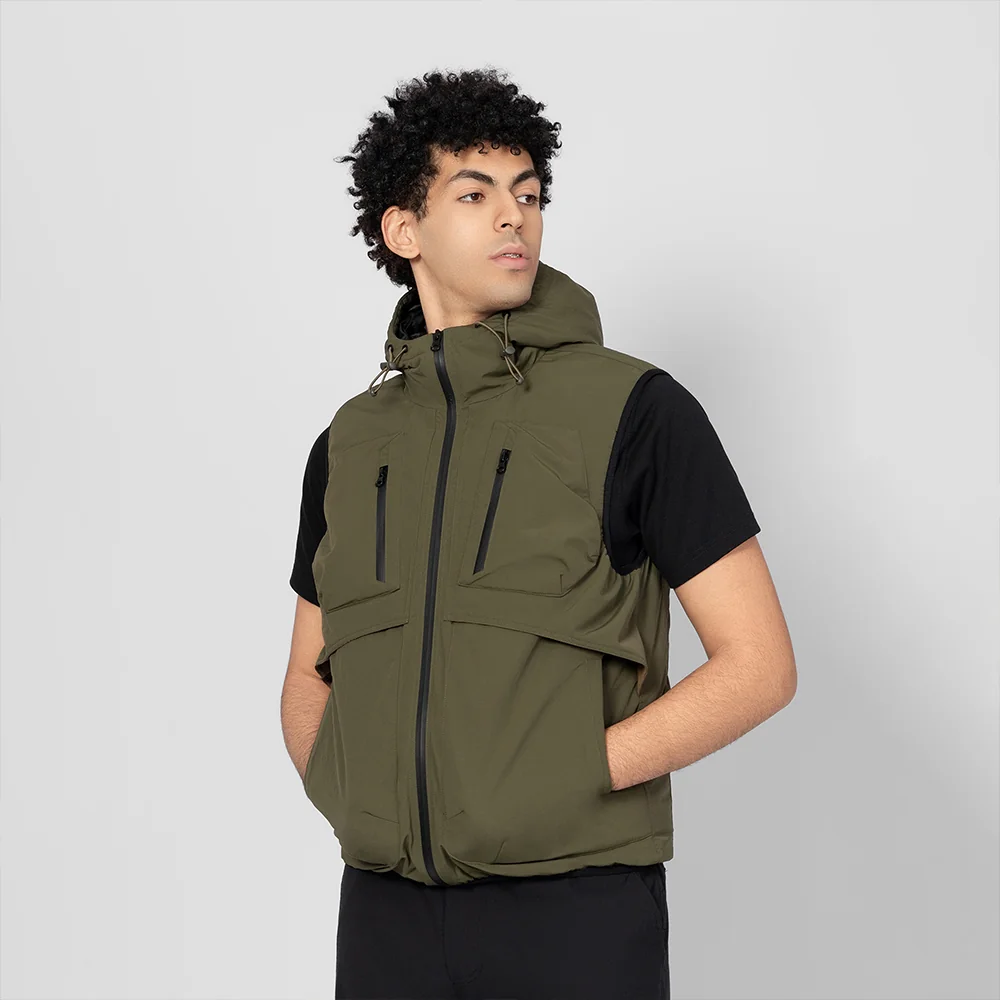 Men’s army green hooded insulated vest with waterproof zippers and warm padding. Ideal for outdoor work, hiking, and tactical wear.