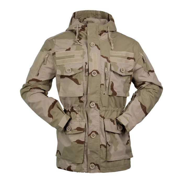 Durable waterproof camo jacket in desert pattern. Designed for outdoor activities, tactical missions, and military-style wear.