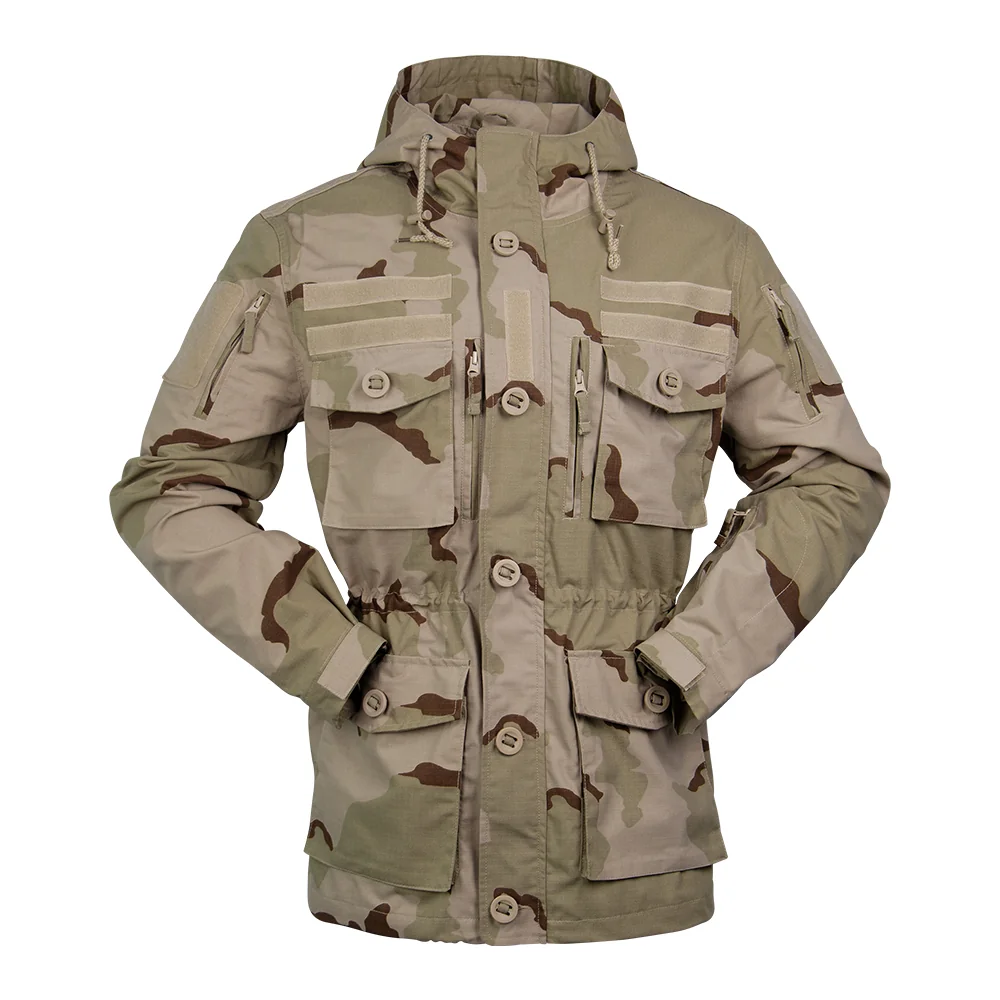 Durable waterproof camo jacket in desert pattern. Designed for outdoor activities, tactical missions, and military-style wear.