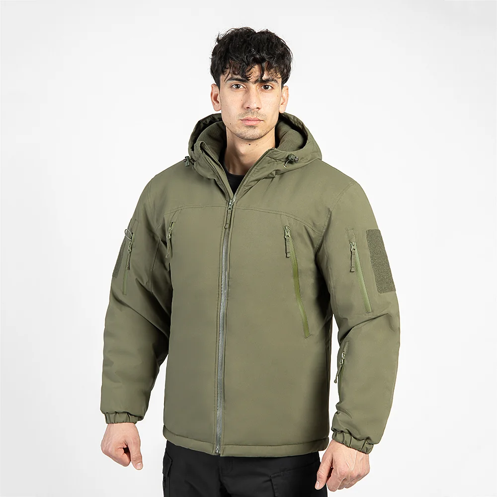 Men’s army green waterproof winter jacket with hood and zip pockets. Warm, windproof, and perfect for outdoor tactical wear.
