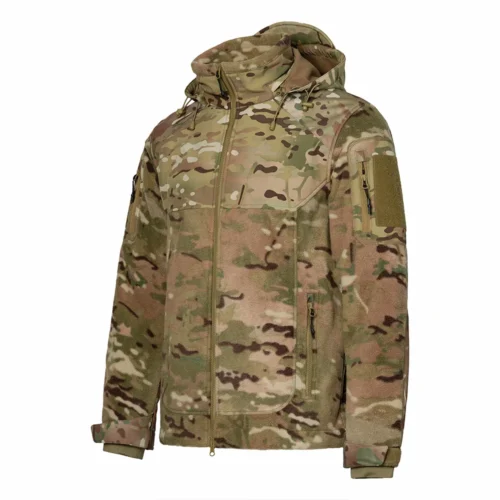Men’s camouflage polar fleece jacket with hood and multiple pockets. Warm, lightweight, and designed for tactical or outdoor use.