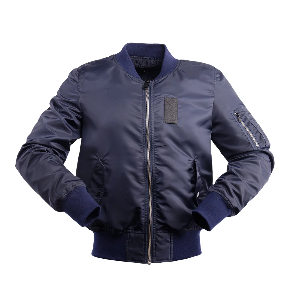 Classic navy blue tactical bomber jacket with zip front and ribbed hem. Perfect for military, security, and outdoor applications.