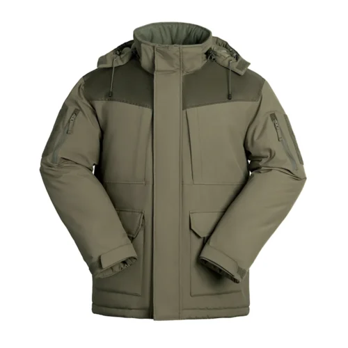Front view of winter tactical coat with water-resistant fabric and thick insulation. Designed for warmth, comfort, and tactical performance.