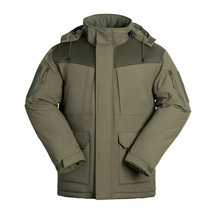 Winter Tactical Coat – Army Green Padded Military Outerwear Front view of winter tactical coat with water-resistant fabric and thick insulation. Designed for warmth, comfort, and tactical performance.