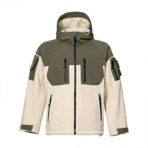 Two-tone hooded polar fleece jacket with zip-up front and utility arm pockets. Built for warmth, flexibility, and tactical performance.