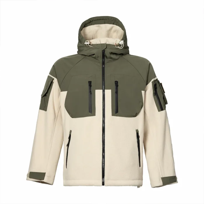 Two-tone hooded polar fleece jacket with zip-up front and utility arm pockets. Built for warmth, flexibility, and tactical performance.