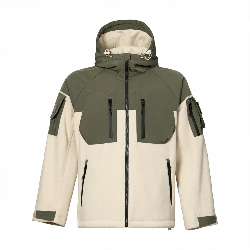 Two-tone hooded polar fleece jacket with zip-up front and utility arm pockets. Built for warmth, flexibility, and tactical performance.