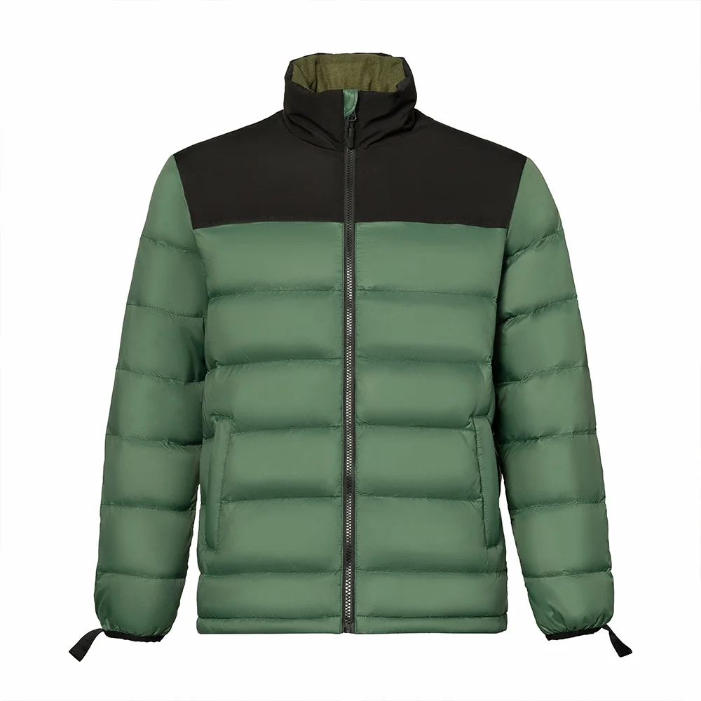 Men’s lightweight down jacket with black shoulder panels and green body. Full zip closure and insulated padding for outdoor protection.