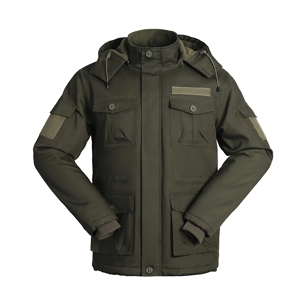 Front view of army green tactical coat featuring utility pockets, button closure, and thick lining. Ideal for outdoor tactical missions.