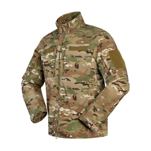 Men’s camouflage waterproof jacket made from ripstop fabric. Provides reliable protection in rain and wind for outdoor work or adventure.