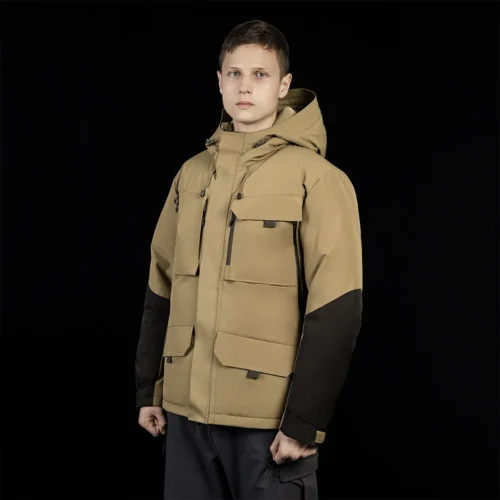 Front view of men’s waterproof down jacket in khaki and black. Warm, windproof, and built for outdoor performance.