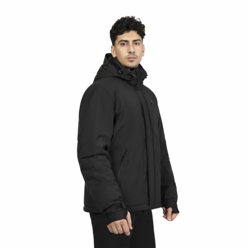 Black insulated softshell jacket for men with adjustable cuffs, high collar, and waterproof shell for outdoor winter protection.