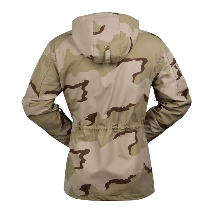 Back view of waterproof camo jacket featuring adjustable waist and hood. Provides reliable protection and comfort outdoors.