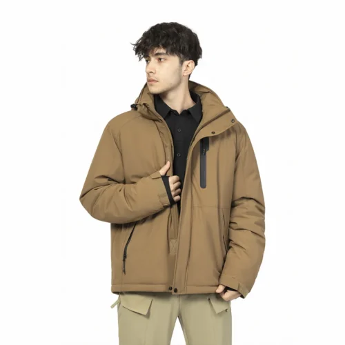 Brown men’s insulated softshell jacket with front zipper, hooded design, and water-resistant fabric. Ideal for outdoor activities.