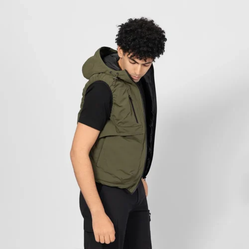 Side view of army green insulated vest for men. Features zip-up front, adjustable hood, and multiple functional pockets.