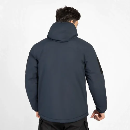 Rear view of navy waterproof winter jacket with detachable hood. Provides full protection from cold, wind, and rain.