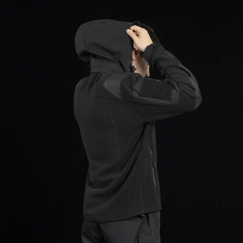 Men’s black fleece jacket showing adjustable hood and reinforced sleeves. Ideal for outdoor, hiking, or workwear in cold weather.
