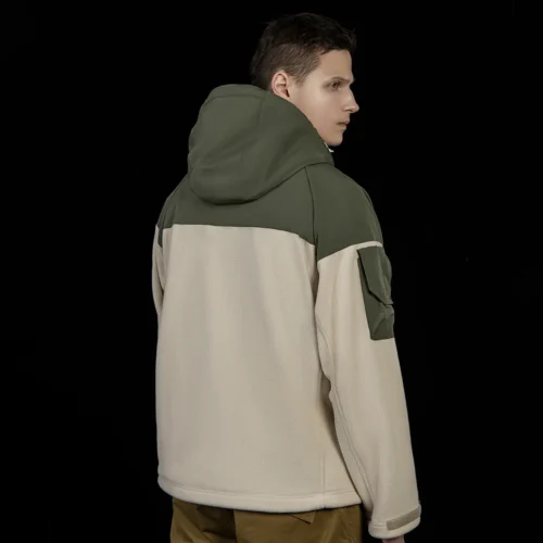 Back view of men’s polar fleece jacket with two-tone khaki and olive design. Warm, breathable, and ideal for outdoor tactical wear.