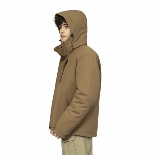Men’s brown insulated softshell jacket with windproof hood and secure pocket design for reliable warmth in winter.