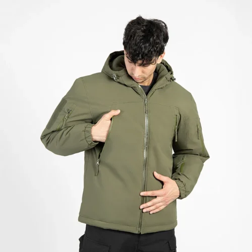 Army green waterproof winter jacket for men featuring chest and sleeve zip pockets. Designed for tactical and outdoor performance.