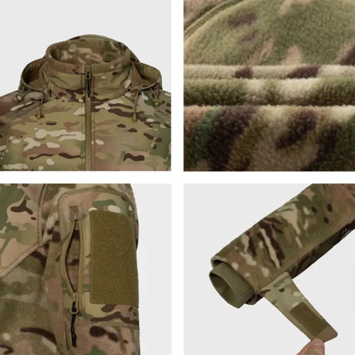 Close-up view of camouflage polar fleece jacket showing zippers, sleeve patch, and soft lining for warmth and durability.