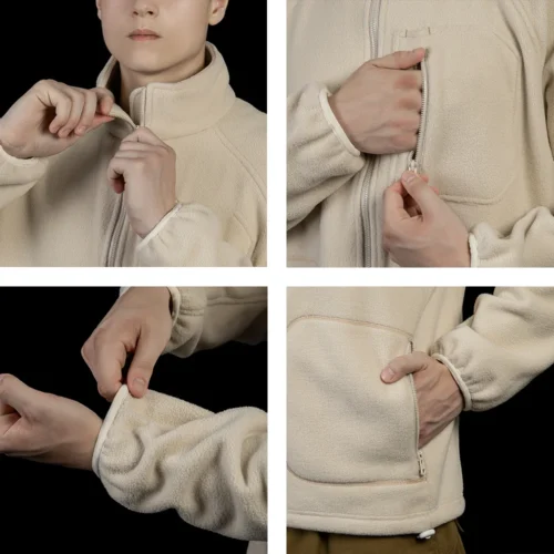 Close-up of fleece jacket details showing smooth zippers, elastic cuffs, and chest storage pocket. Built for comfort and durability.