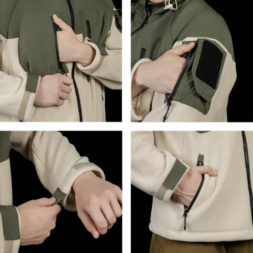Close-up of hooded polar fleece jacket showing reinforced seams, adjustable cuffs, and zippered storage pockets for outdoor use.