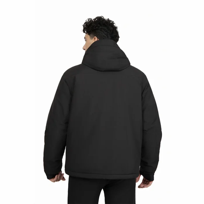 Back view of men’s black insulated softshell jacket with detachable hood, adjustable hem, and windproof winter protection.