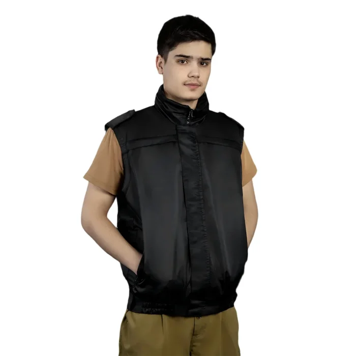 Men’s 3-in-1 black tactical jacket with detachable outer vest design. Lightweight, functional, and ideal for law enforcement or patrol use.