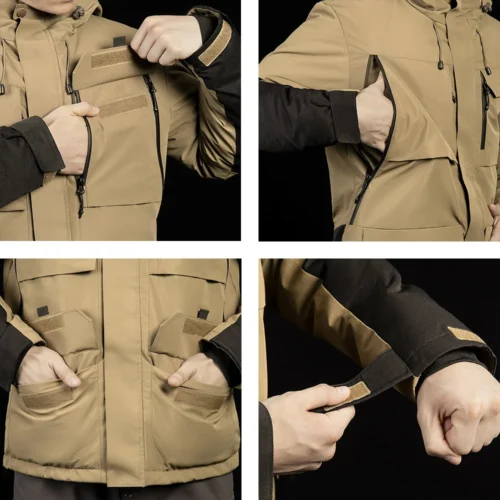 Close-up of men’s waterproof down jacket showing waterproof zippers, secure pockets, and adjustable cuffs for outdoor functionality.