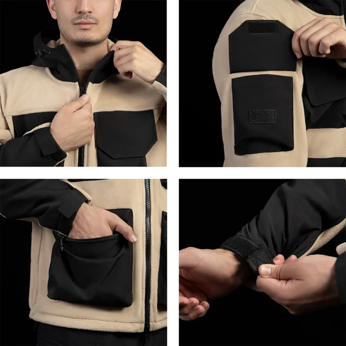 Close-up of men’s polar fleece jacket showing arm pockets, large front storage pockets, and adjustable cuffs. Functional and durable.