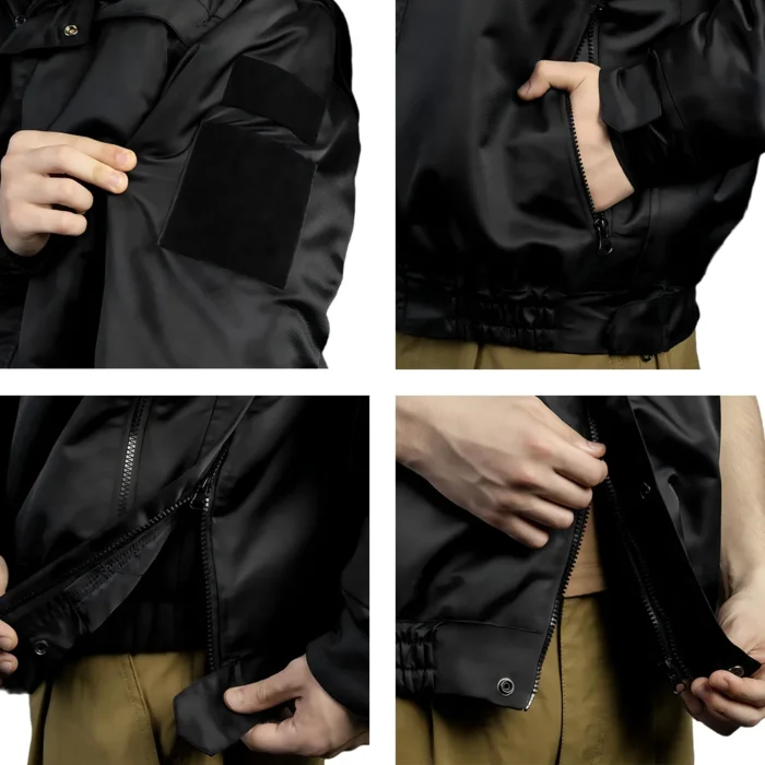 Close-up details of black tactical jacket with zippered pockets, adjustable cuffs, and secure inner layer. Designed for durability and comfort.