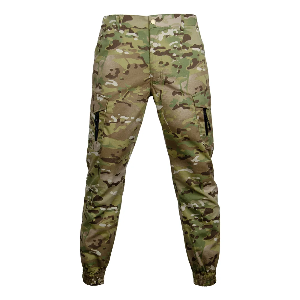 Camouflage combat pants for men designed with elastic cuffs, adjustable waist, and zippered cargo pockets, ideal for military training and field use.