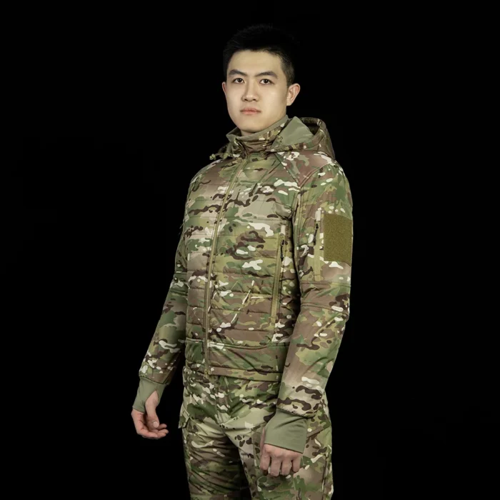 Model wearing CP camo tactical winter jacket showcasing ergonomic fit, tactical style, and cold-weather protection for outdoor missions.